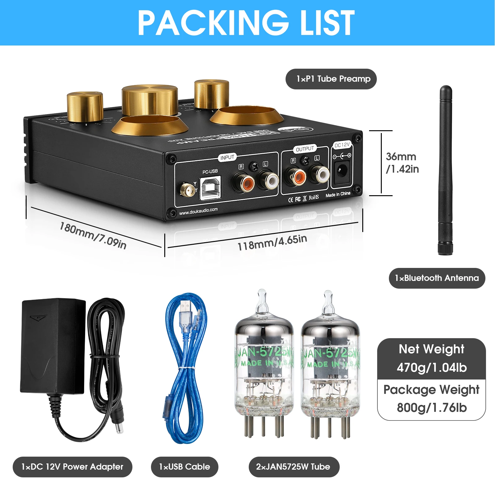 Nobsound P1 HiFi Bluetooth 5.0 JAN5725 Valve Tube Preamp Bass Preamplifier Stereo Audio Headphone Amplifier USB DAC APTX