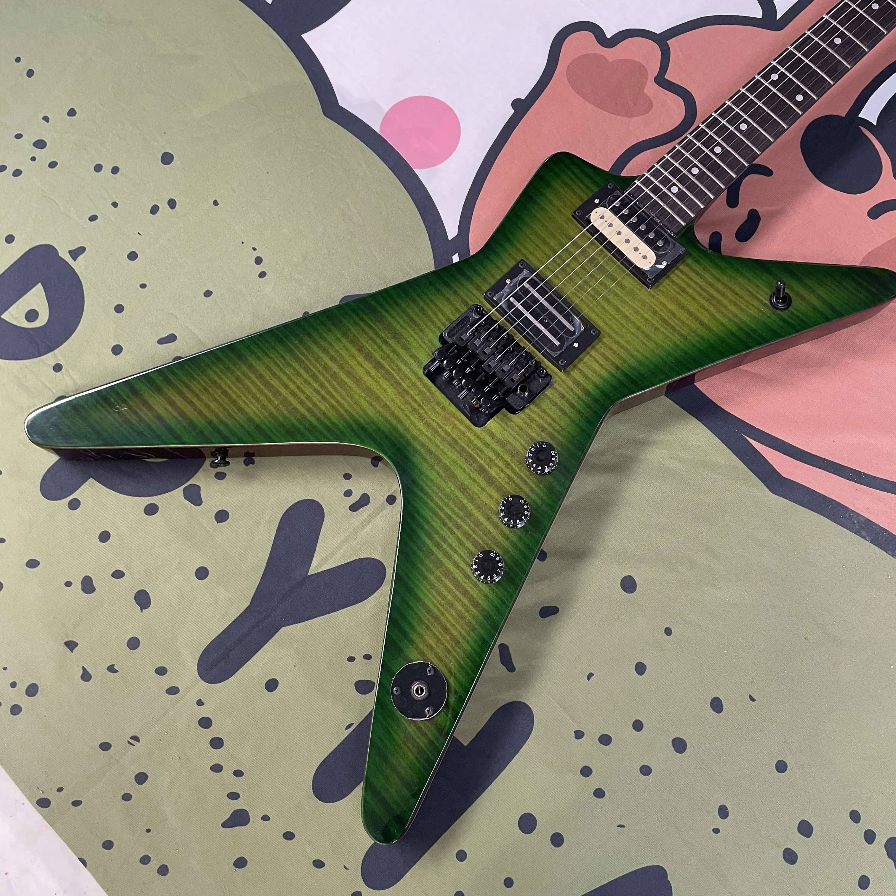 

New Green Tiger Pattern Fork-Shaped Guitar, Asymmetrical Shark Fin Body Rosewood Electric Guitar