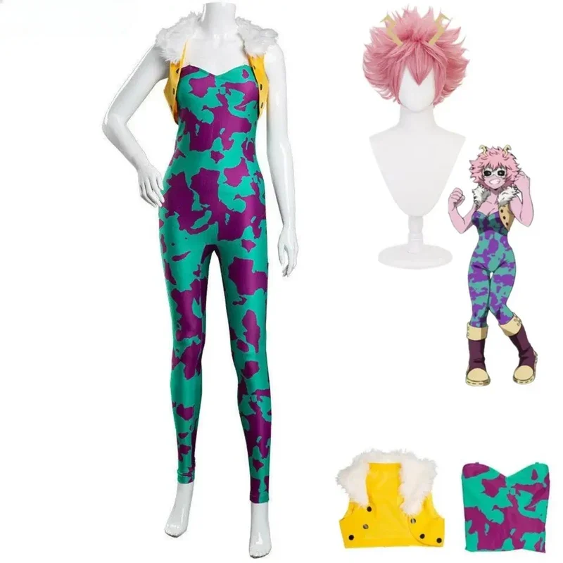 Anime Mijn Held Academie Ashido Mina Cosplay Kostuum Pruik Afdrukken Strakke Pasvorm Jumpsuits Vrouw Sexy Kawaii Halloween Carnaval Set