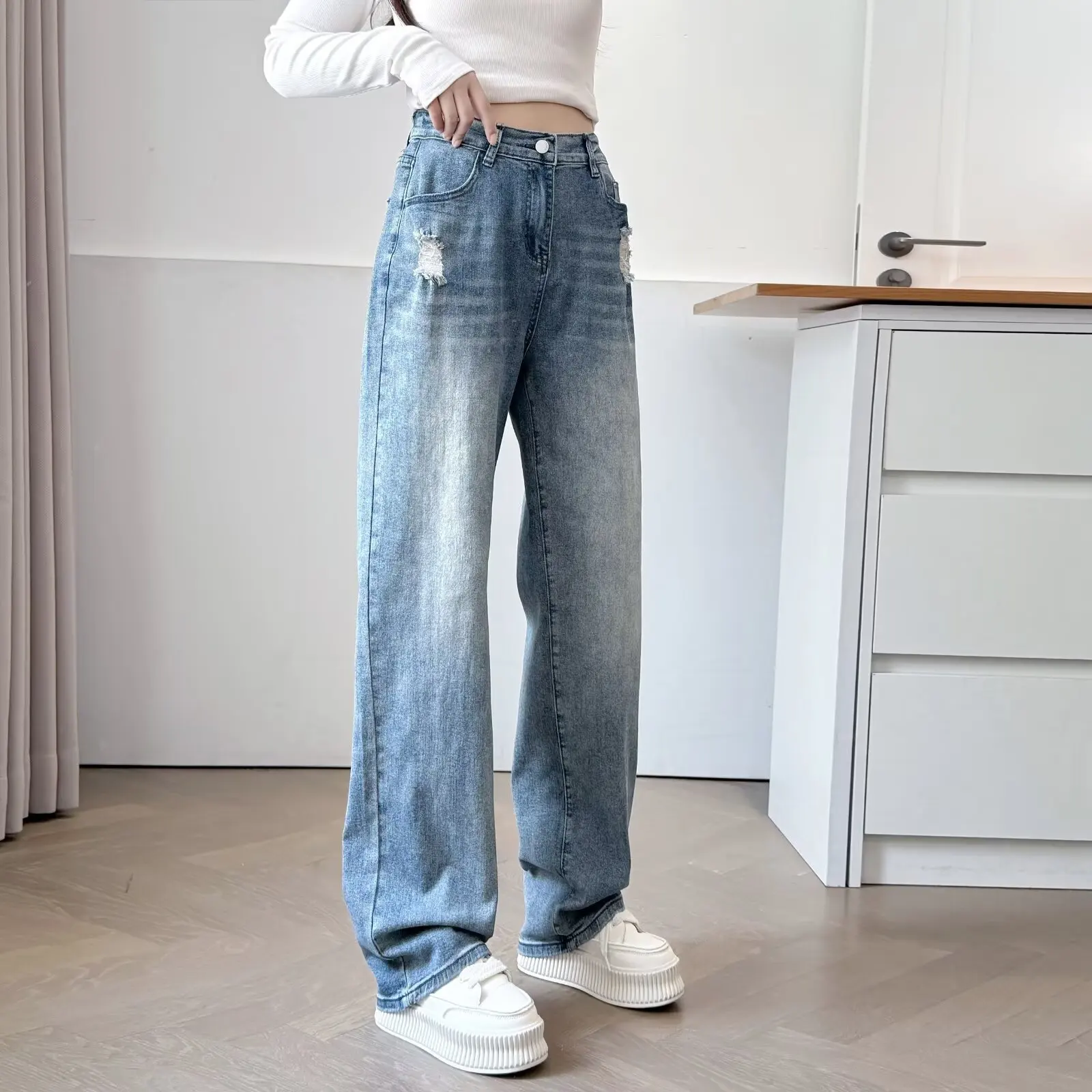 XXXXL موضة حجم كبير جينز نسائي جديد الخريف مستقيم الساق السراويل مع ثقوب و عادية غسلها الدينيم كامل طول بنطلون 2570