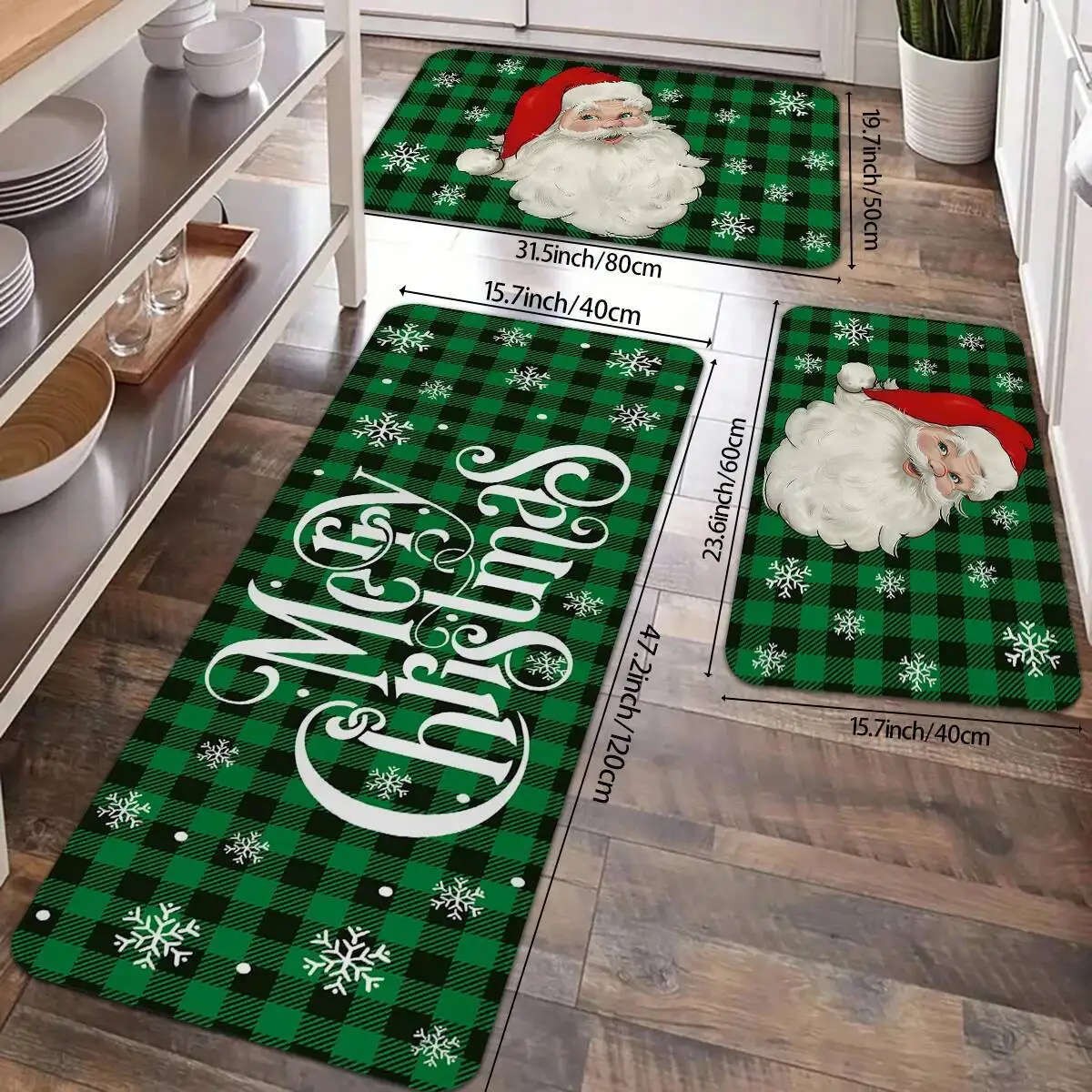 

1/2/3Pcs Green Buffalo Grid Santa Claus Merry Christmas Kitchen Floor Mat Eco-Friendly Non-Slip Rug For Home Decor
