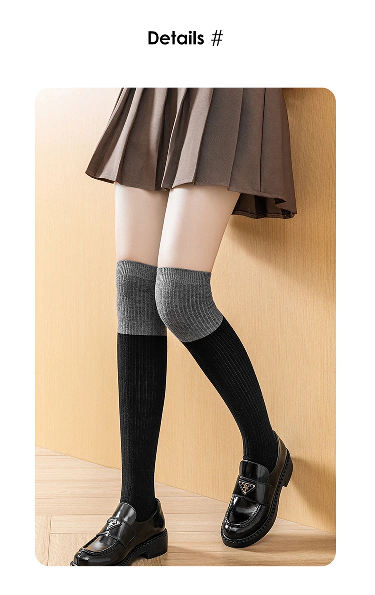 2-farbige Woll-Kniestrümpfe für Damen, gestrickte lange Socken, farblich abgestimmte gerippte warme Wintersocken, 1 Paar, weich, für den Urlaub – Detail 15