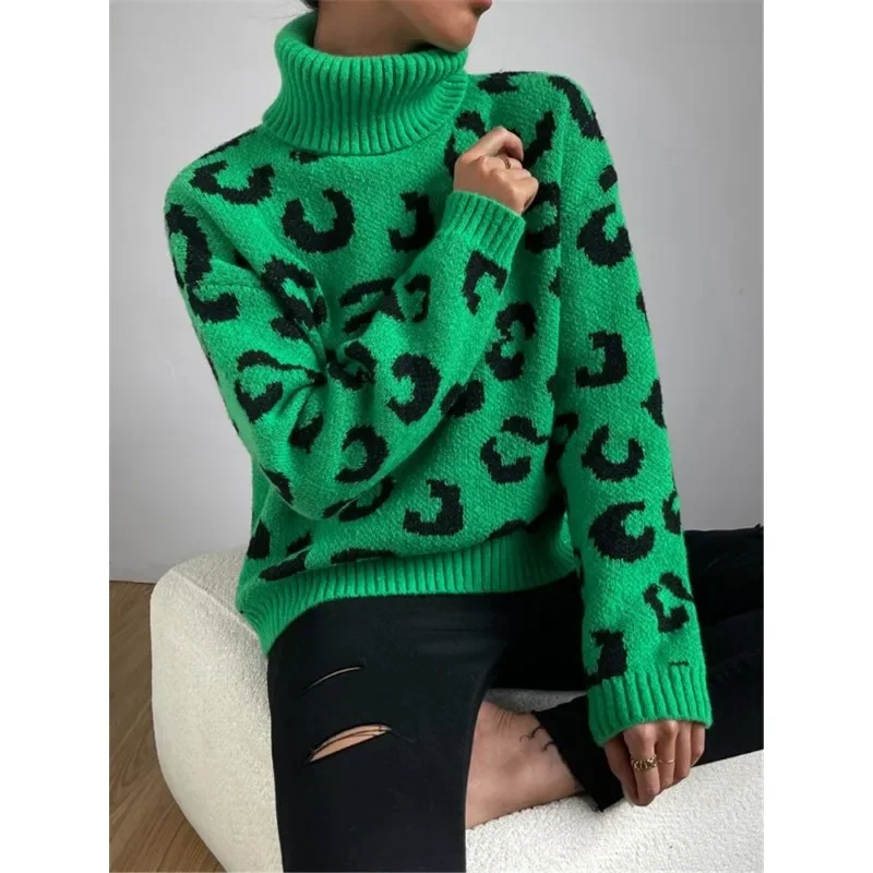 Autumn & Winter New Women\'s Leopard Print Turtleneck Knitted Pullover Top Personalized Street Style Women Casual Loose Sweater