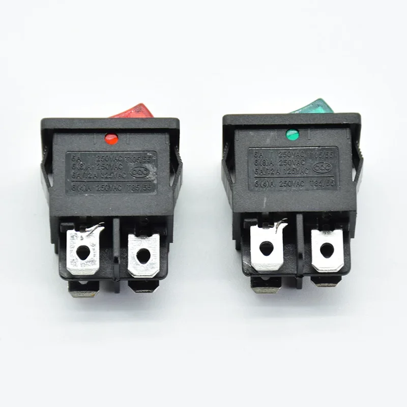 5PCS 21x15mm 6A 250V 125V Rocker power Switch With LED lights boat  Red 4 pin 2 terminal Hole size 13*19mm  KCD1-104