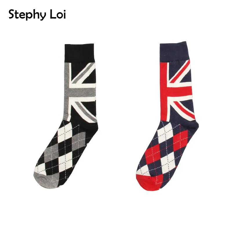 Harajuku Retro Men British Flag argyle Pattern Cotton Crew Socks Dress Brand Skate Designer Fixed Gear hip hop Happy  Men Gift