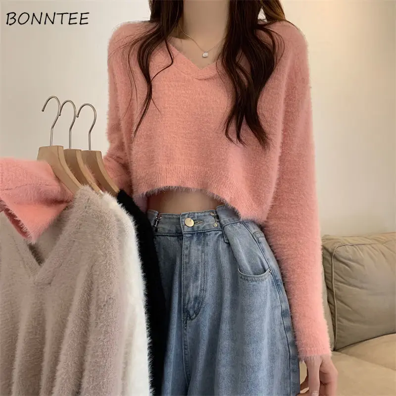 

Faux Mink Velvet Pullovers Women Short V-neck Loose Basic Ins Autumn Winter Korean Solid Fluffy Gentle All-match Female Graceful