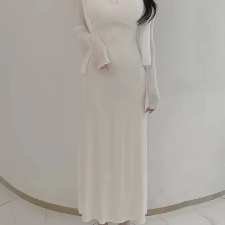 Dongda Gate Faion Comfortabele nieuwe trendy dames Dr met borstkussen Lange strapl gebreide jurk Hoge taille Fi-staartrok