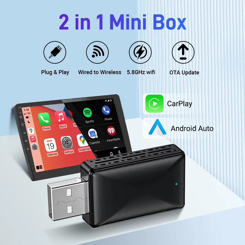 2 in 1 Mini AI Box Wired to Wireless Carplay&Android Auto Compatible with 99% of Cars Plug and Play Smart Dongle