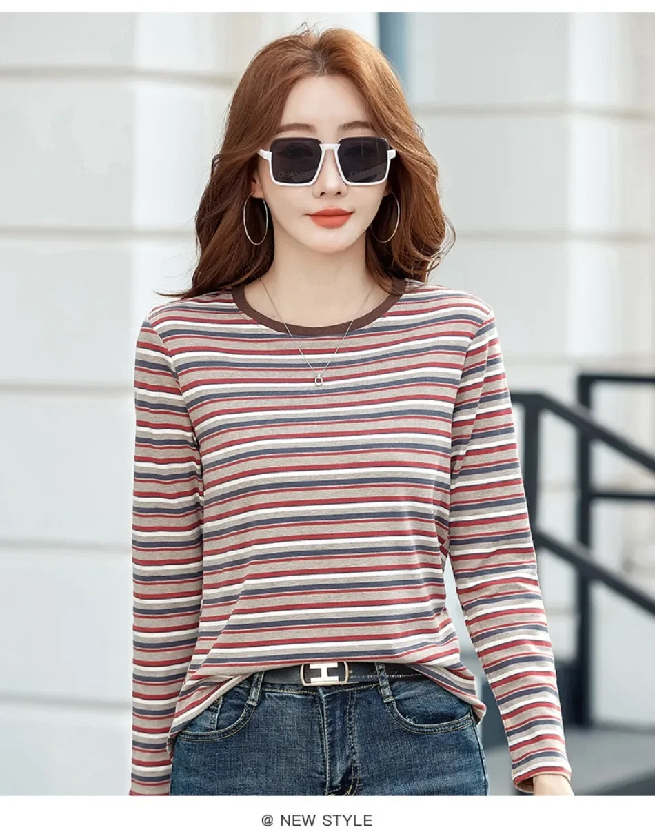 2024 neue Damen bekleidung Rundhals ausschnitt gestreiftes Unterhemd Frühling und Herbst Langarm Tops T-Shirt lose Innen lässig Top – Detail 14