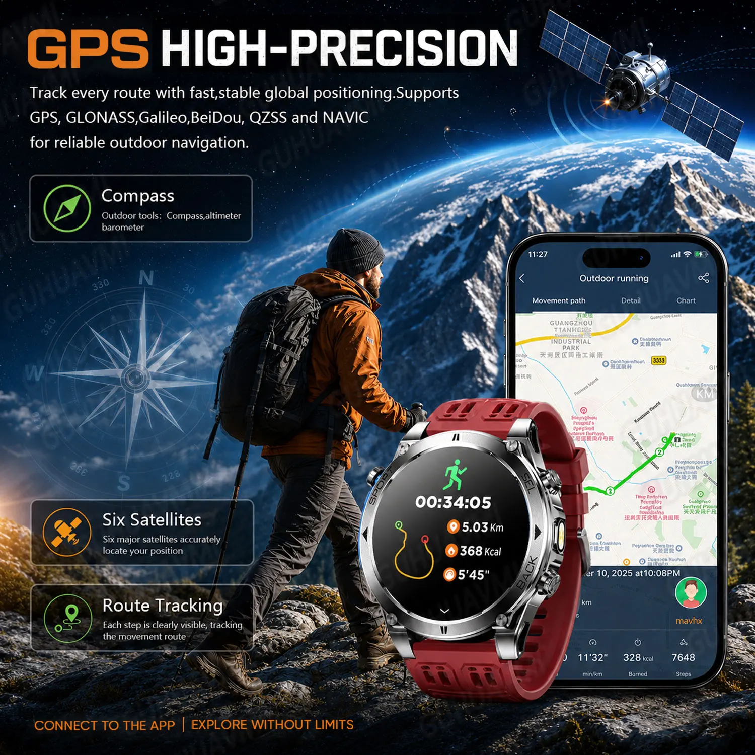 2026New Military T-RX4 Built in GPS Outdoor Smart Watch 10ATM Waterproof Compass  850mAh Battery 1.7”AMOLED Sports Fitness Clock