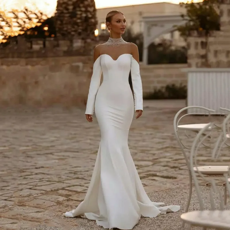 

Elegant Mermaid Ivory Wedding Dress Simple Off Shoulder High Neck Pleat Beaded Crystal Illusion Backless Long Train Customized