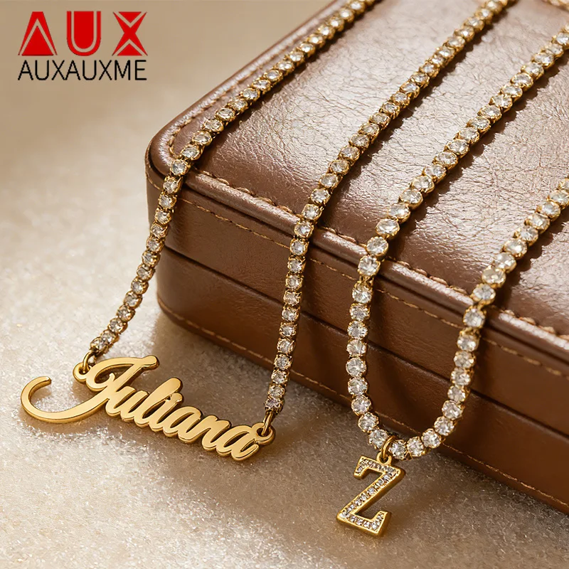

Ожерелье Auxauxme с индивидуальным именем и блестящей циркониевой цепочкой из нержавеющей стали, персонализированный кулон с инициальным именем, воротник, женский ювелирный подарок