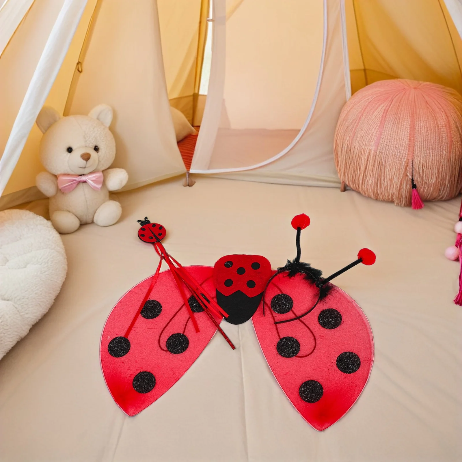 

1 Set Ladybug Costume Kit Glitter Wings Antenna Headband Fairy Wand For Halloween Dress Up Performance Props