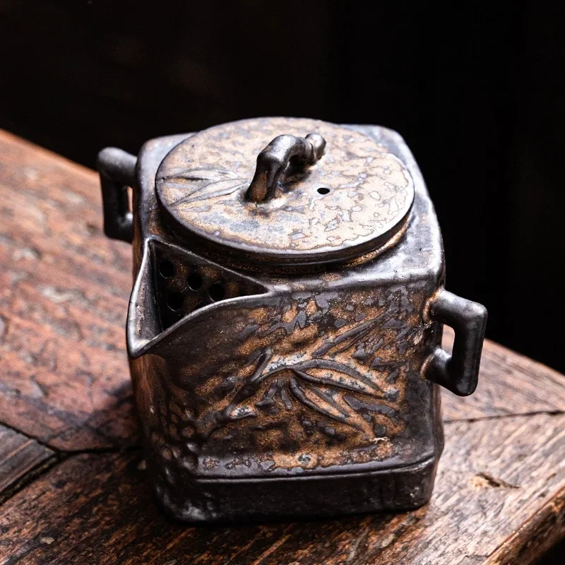 Old Rock Mud Rough Pottery  Tea Pot Retro Black gold glazeTeapot Kettle Ceremony Making Single Pot Ceremony