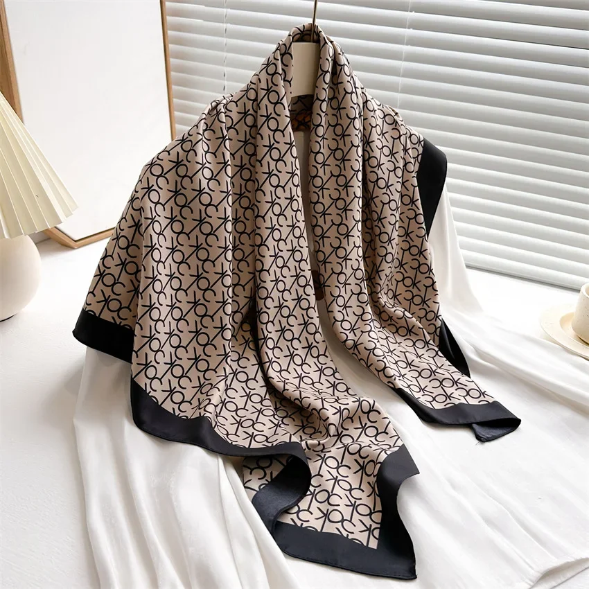 

2025 New Fashion Light Luxury Letters Print Silk Scarf 90cm Women Twill Simple Square Scarves Ladies Sunscreen Shawl Headscarf