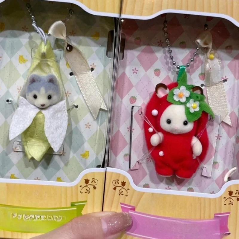 Original Sylvanian Families Flocking Doll Apple And Cherry Pendants Figure Collectible Children Toys Kawaii Room Decor Kid Gift