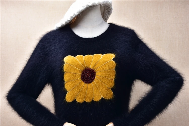 Women Mujer Autumn Winter Black Sunflower Angora Rabbit Hair Knitted O-Neck Long Sleeves Slim Blouses Pullover Sweater Jumper