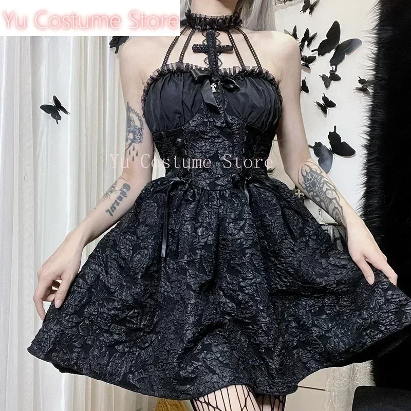 

2025 Gothic Emo Jacquard A-line Dresses Goth dress Elegant Grunge Ruched Bandage Partywear Punk Black Women Halloween Club Dress