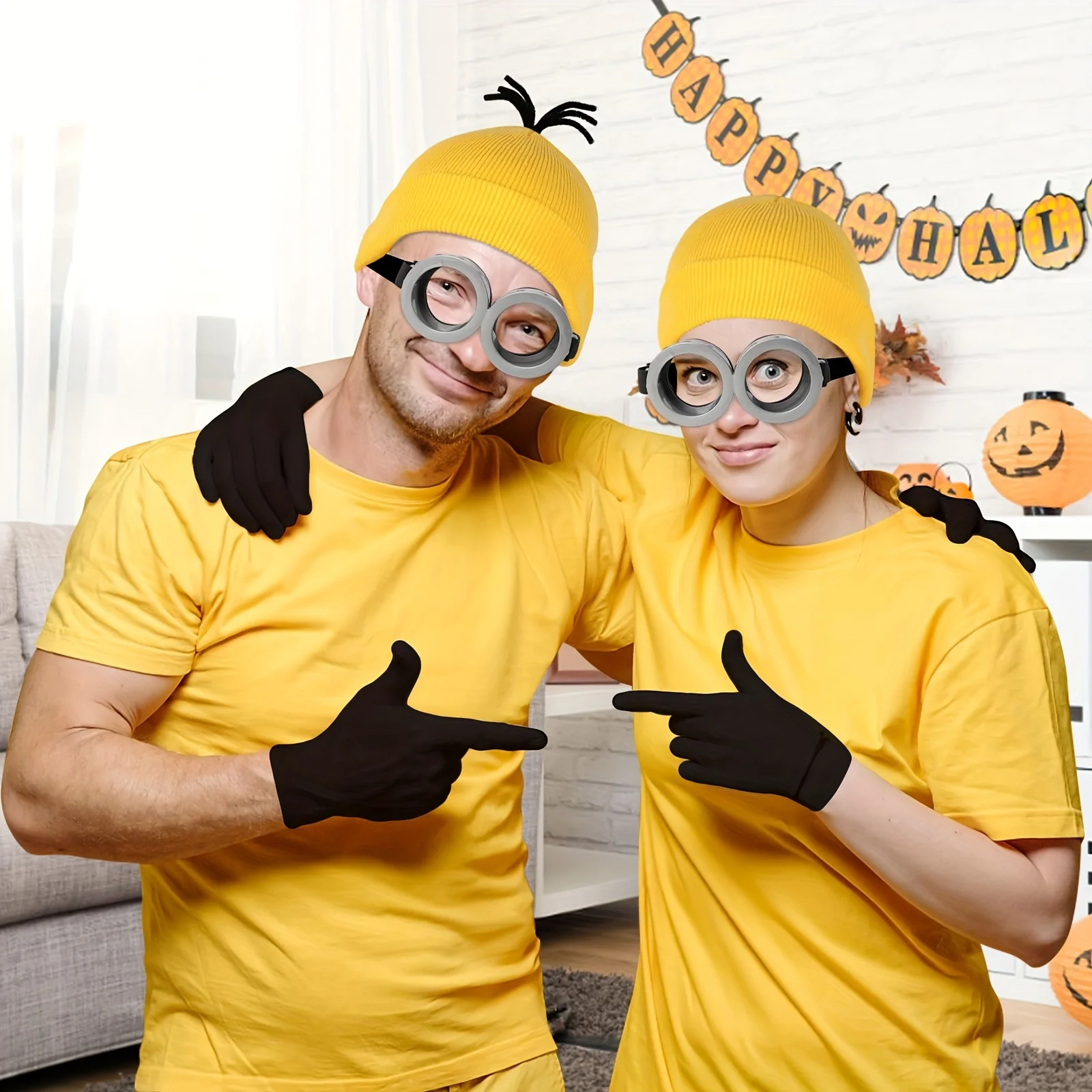 Ensemble de Costume de Cosplay Helloween, Lunettes Réglables, Bonnet Jaune avec Perruque Flexible, Gants Noirs, Kit d'Habillage de ix, 3 Pièces