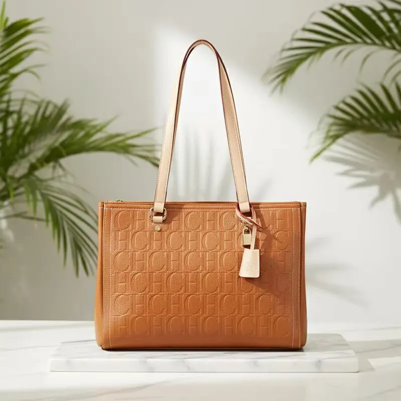CH Women's Anti-Collision Embossed Tote Bag with Contrast Handle Lock Charm Zipper Closure for Business And Vacation