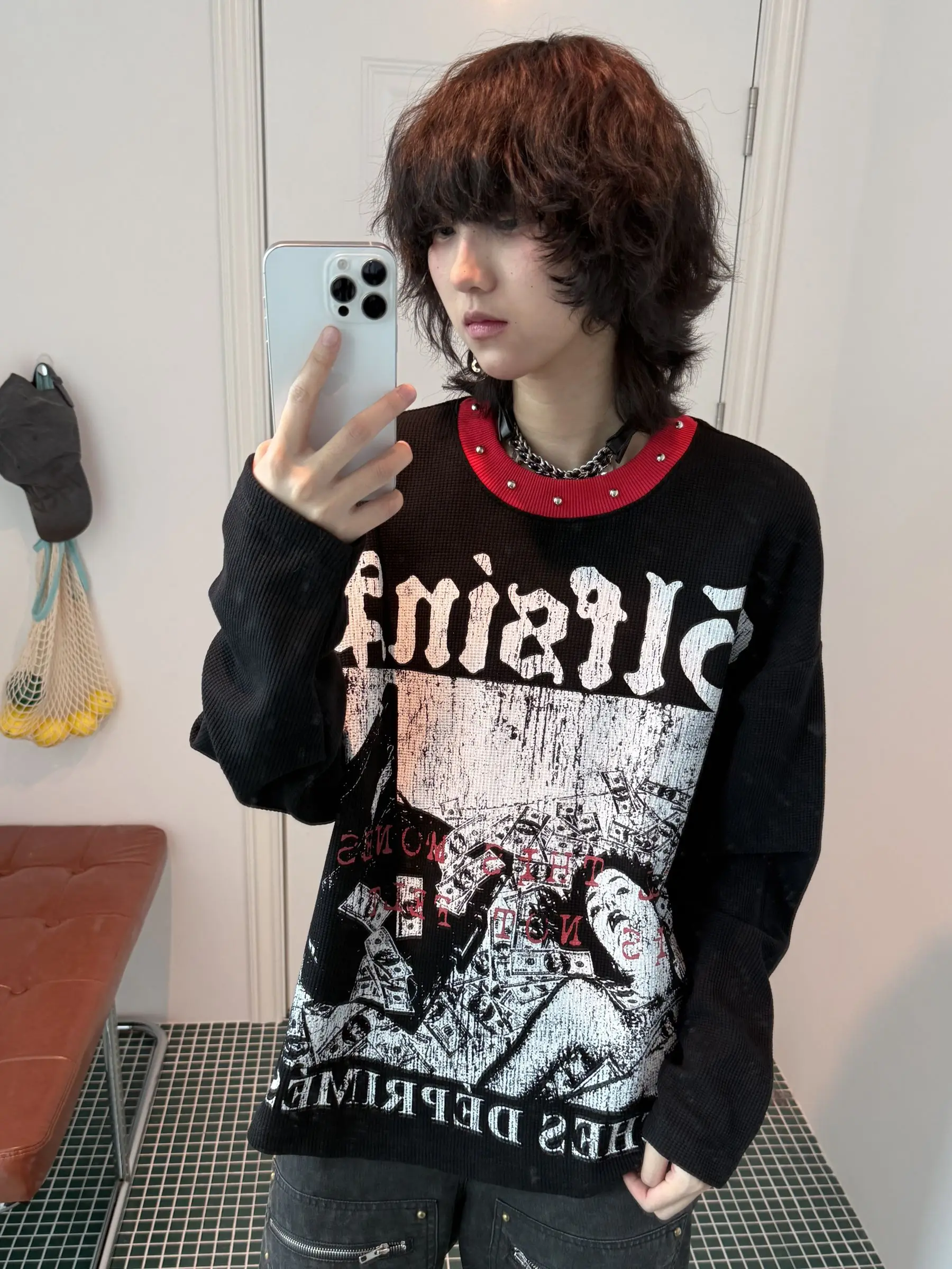 Shadow Planet American Hip Hop Dark Style Printed Long Sleeve T-Shirt Unisex High Street Trendy Top Color Block Collar Loose Fit