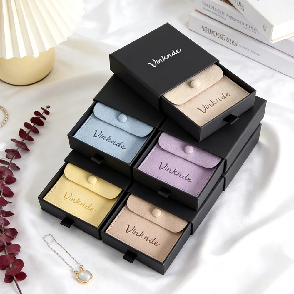 

7x9x3cm Sliding Drawer Paper Jewelry Box Elegant Display for Earrings Necklace Ring Christmas Gift Boxes Microfiber Snap Bag