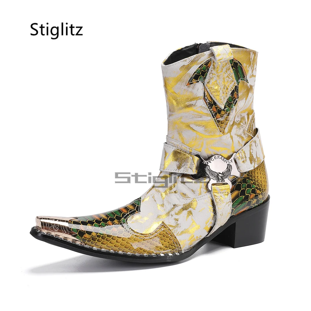 

Splicing Pointed Knight Boots for Men Gold Prints Patchwork Stage Banquet High-Heeled Men's Boots Side Zip Genuine Leather Shoes