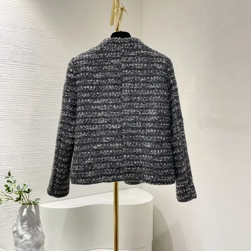 Grey Striped Button V-neck New Fashion Women 2024 Warm High Quality Autumn Winter Long Sleeve Tweed Jacket