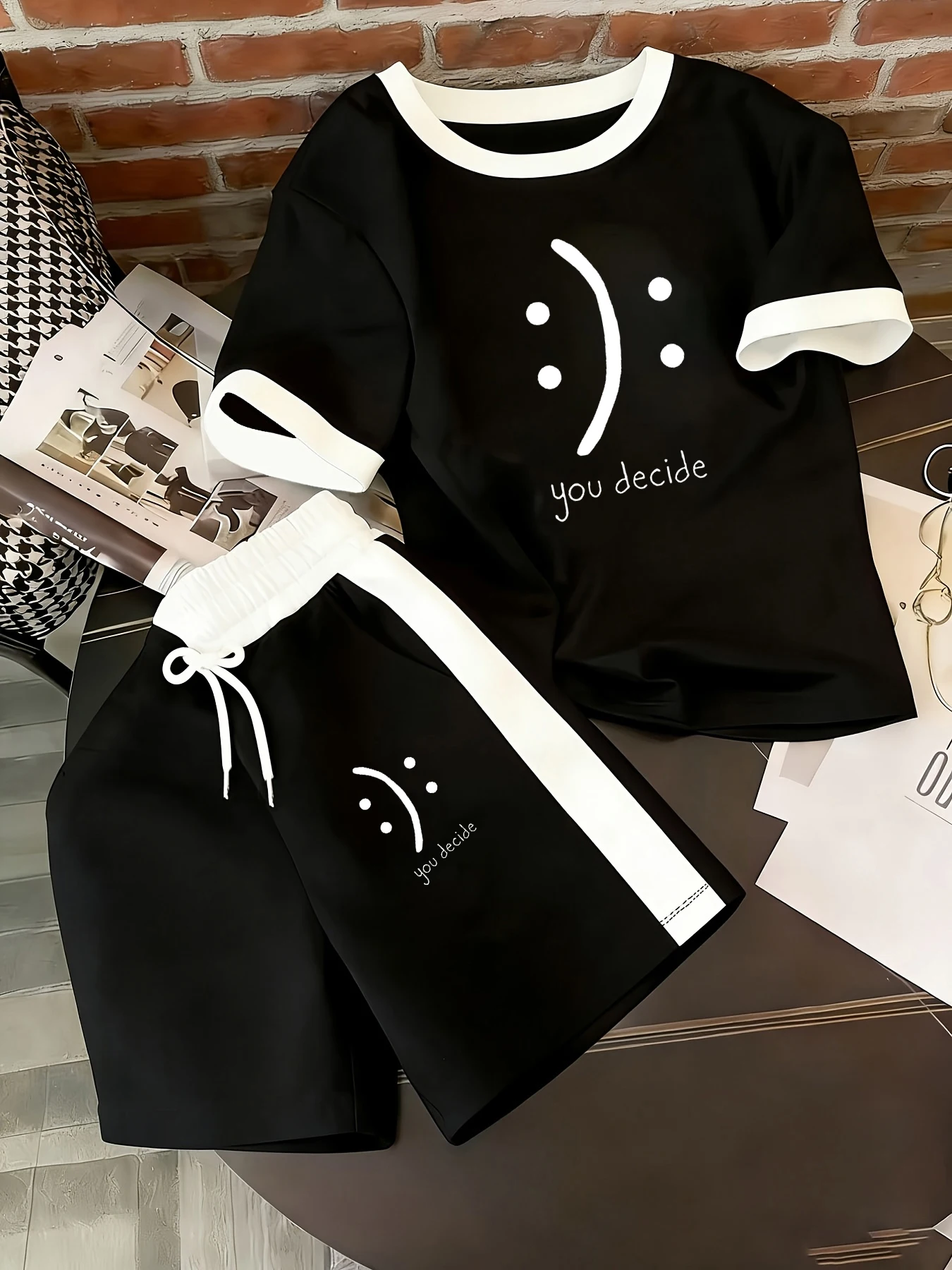 Summer Thin Breathable Casual Set: Soft and Comfortable Short-Sleeve Top + Shorts, Fun Smiley Face Print, Color-Blocking Casual Sports Two-Piece Set view 3