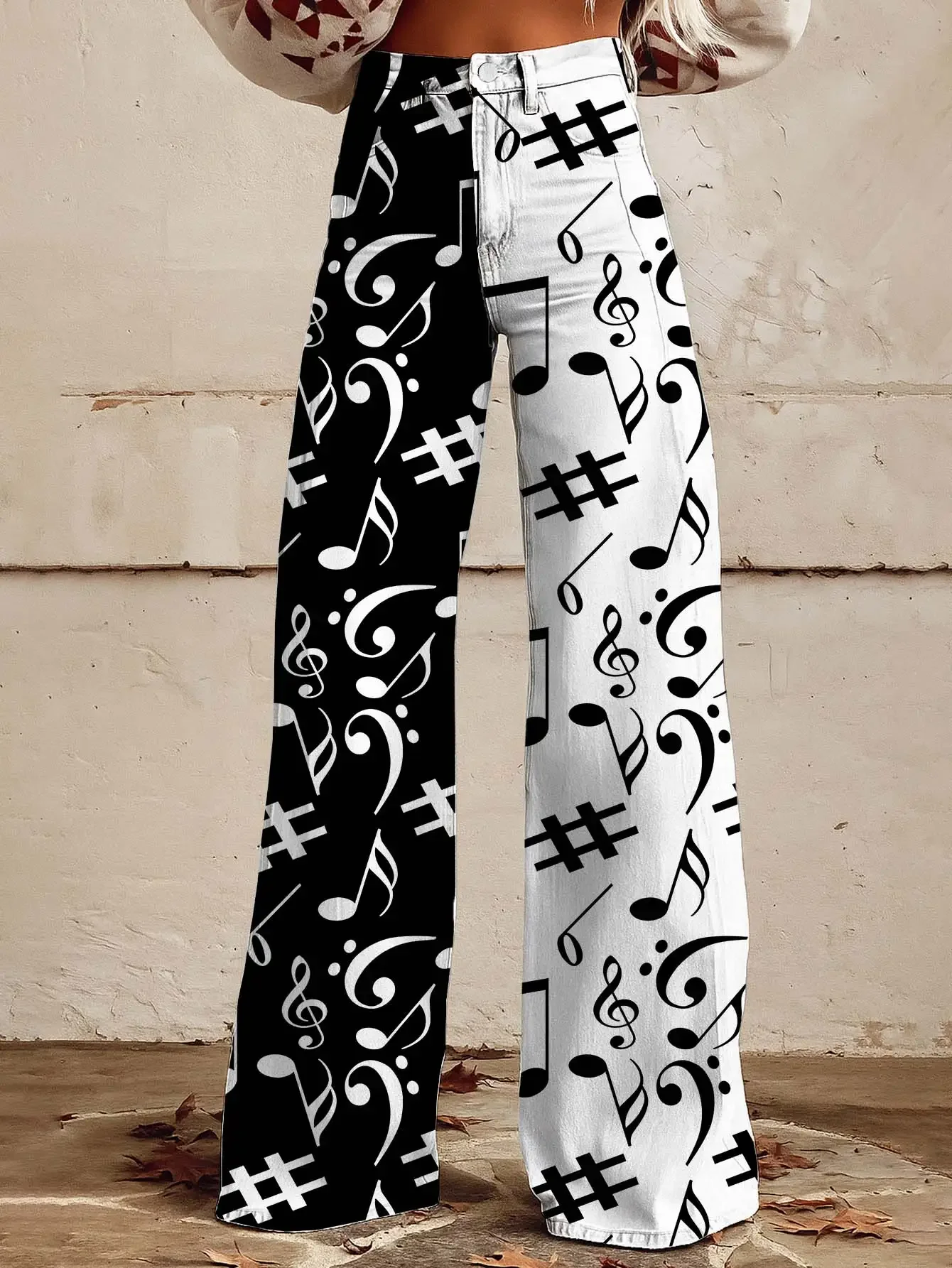 Women's new printed jeans with denim like fabric, Retro Romantic Pink Black Rose Pattern Printed Loose Horn Imitation Jeans