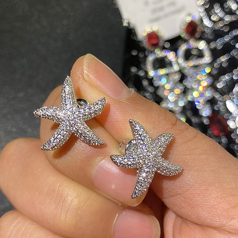 2024 Romantic Starfish Stud Earrings for Women Silver Color Bling  Crystal CZ Exquisite Accessories New Trendy Jewelry