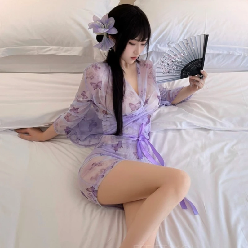 Kimono Jepang Seksi Model Jubah Mandi Gaya Liburan Yukata Seragam Perspektif Cetak Kupu-kupu Pakaian Dalam Erotis Jubah Pendek