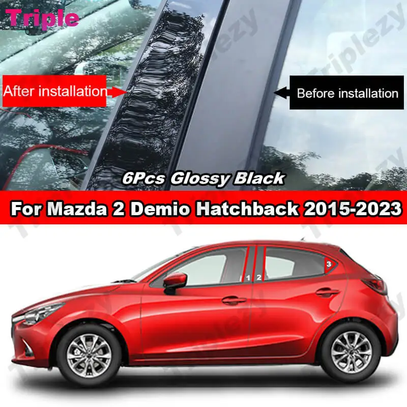 Dla Mazda 2 Demio Hatchback 2015-2023 6Pcs Glossy Piano Black Car BC Pillar Post Cover Trim Carbon Fiber PC Material Sticker