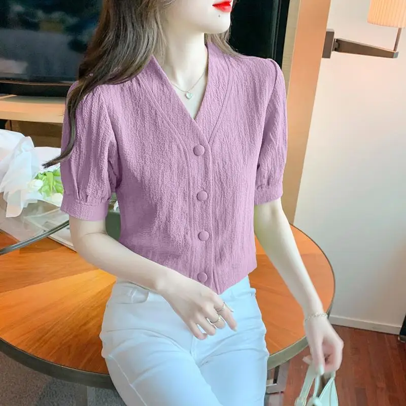 Women Clothing Korean Fashion Vintage Elegant Button Shirts 2024 Summer V Neck Slim Blouses Solid Short Sleeve Tops Blusas Mujer