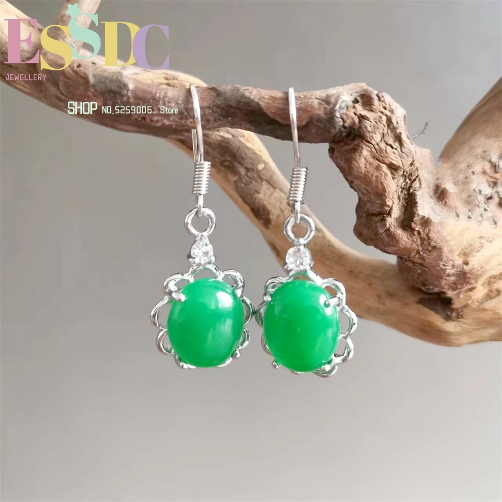 Natural Hetian Jasper Egg Shaped Lace Earrings S925 Silver Exquisite Inlaid Female Style Simple And Generous Emerald Green