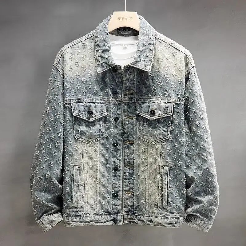 Fashiontooling jacket American high street ruffian handsome old denim jacket men's niche jacquard casual denim jacket