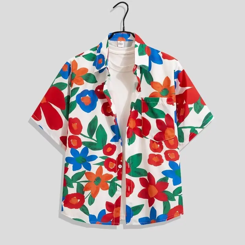 

Летняя мужская приморская пляжная рубашка в стиле ретро с короткими рукавами и цветочным принтом, уличная свободная повседневная модная гавайская рубашка с коротким рукавом и цветочным принтом