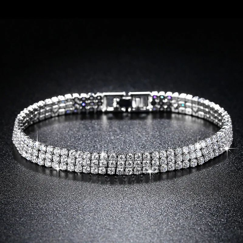 2022 New Luxury Three Rows Tennis Full Drills 2MM 18CM silver color on hand Bracelet Bangle For Women Jewelry Wholesale