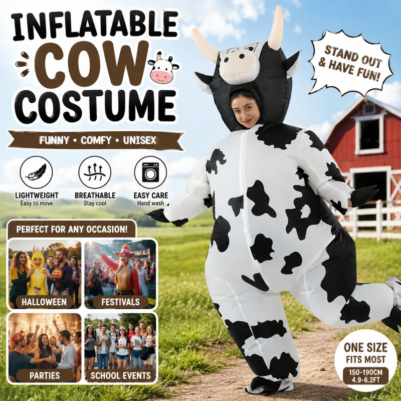 Inflatable Cow Costume Halloween Party, Cosplay Walking Mascot Suit Adult, 160cm 195cm Funny Photo Prop, Carnival Role Play Gift