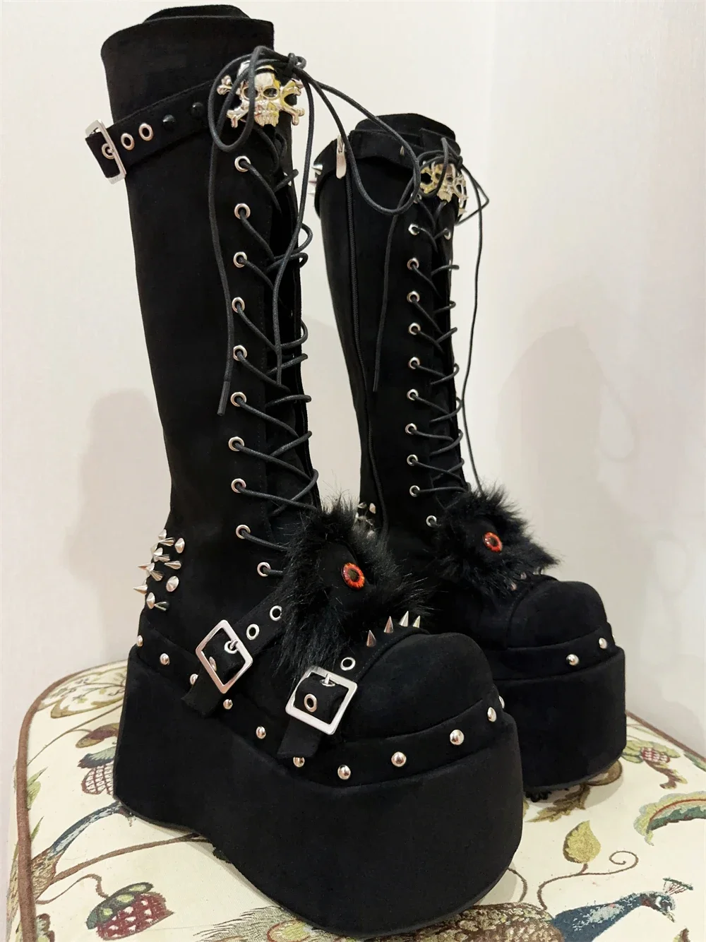 Womens Eye Skull Fur Knee Thigh High Boots Platform Rivets Dark Lace Up Chunky Heel Punk Shoes Japanese Harajuku