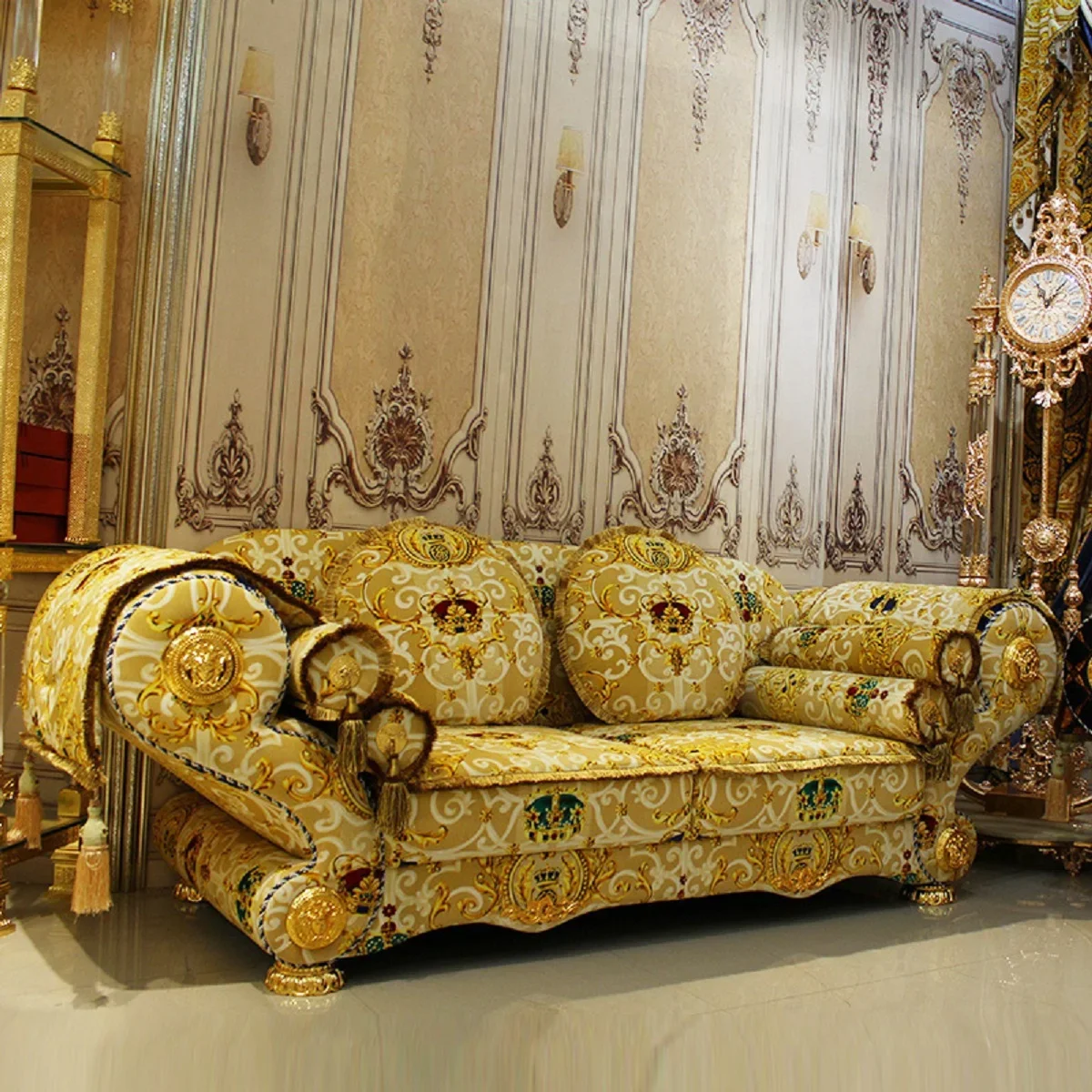 European luxury sedentary comfortable double sofa living room luxury household cloth gold plated carved leisure sofa