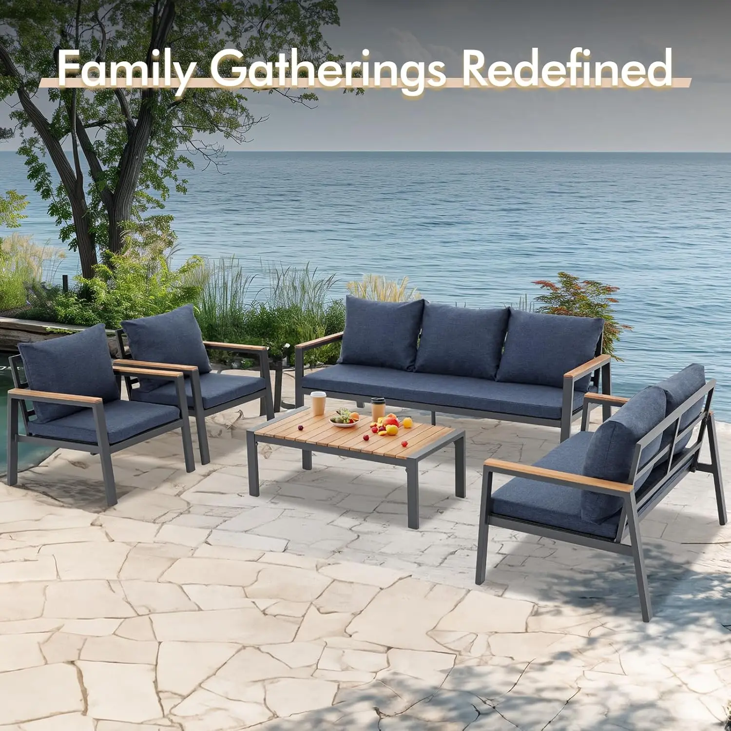 Outdoor Conversation Set with Teak Coffee Table & Cushion, Outdoor Patio Furniture Sectional Patio Sofa Outside Furniture