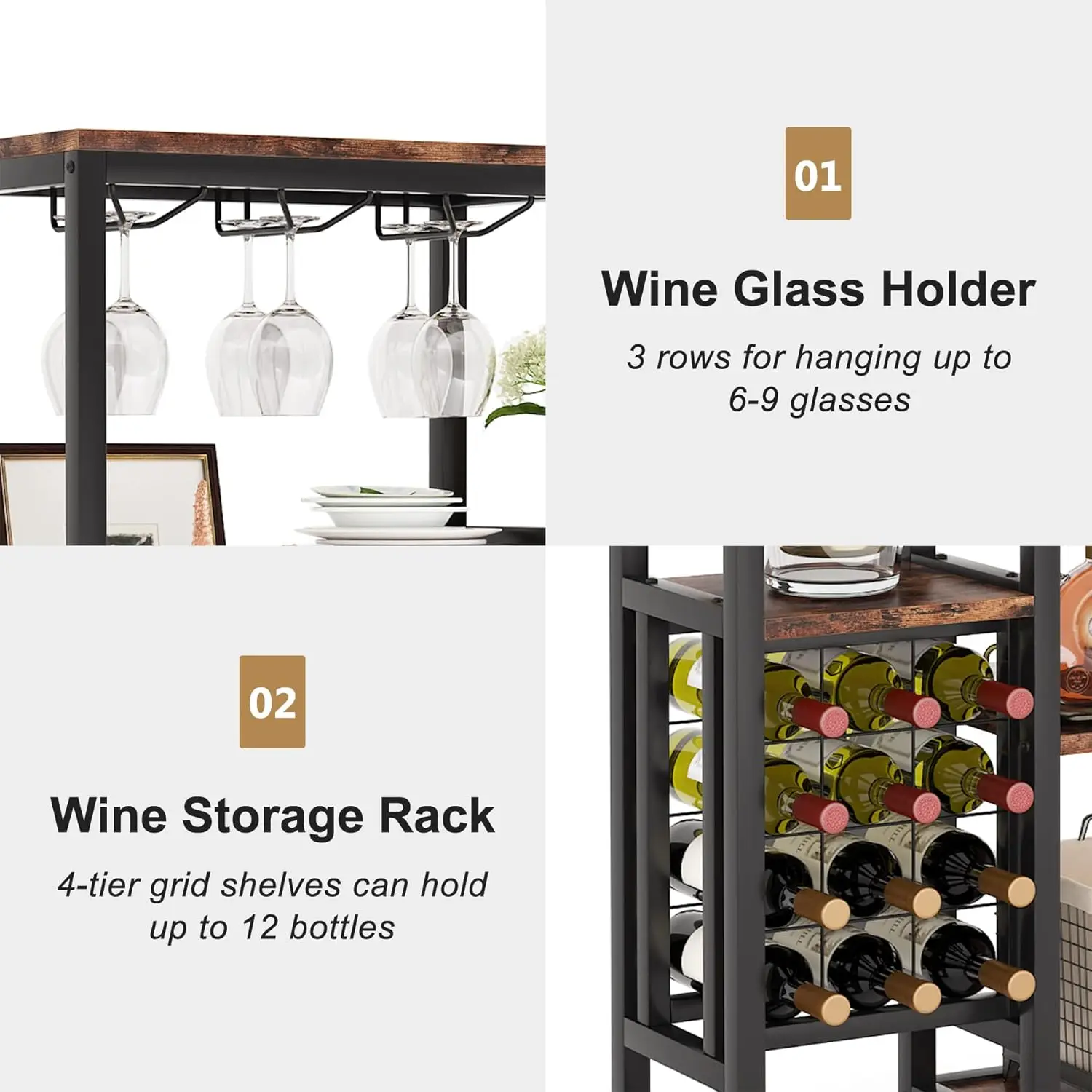 Tribesigns Wine Rack Freestanding Floor,5Tier Wine baker Rack with Glass Holder&Wine Storage,Wine Display Shelf Wine Bar Cabinet