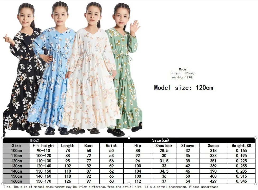 Bohemian Kids Girls Blumen kleid Muslim Kaftan Islamic Abaya Türkisch Arabisch Robe Kleid V-Ausschnitt Langarm Taille bedrucktes Kleid