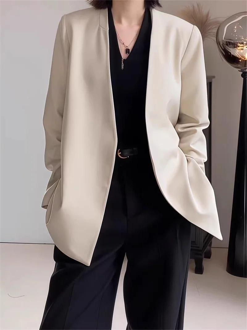 Women's Jackets Loose Fashion Cardigan Casual Apricot Suit Jacket Women's Autumn High-grade Loose Collarless Ladies Suit Jacket