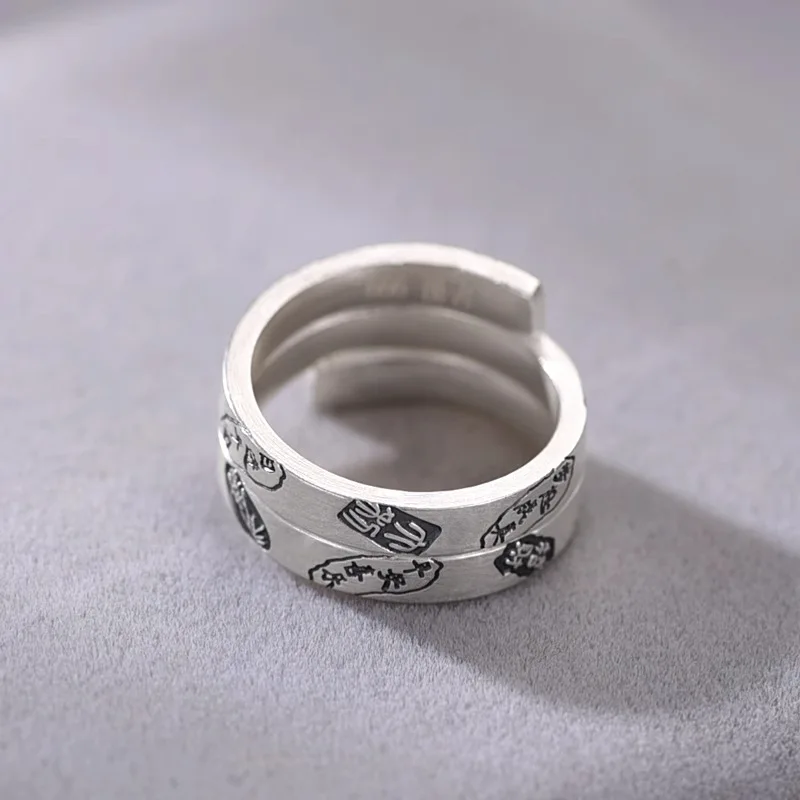New Vintage Chinese Style Adjustable Six-Word Blessing Ring for Men - Classic Unisex Feng Shui Jewelry Trendy Accessory