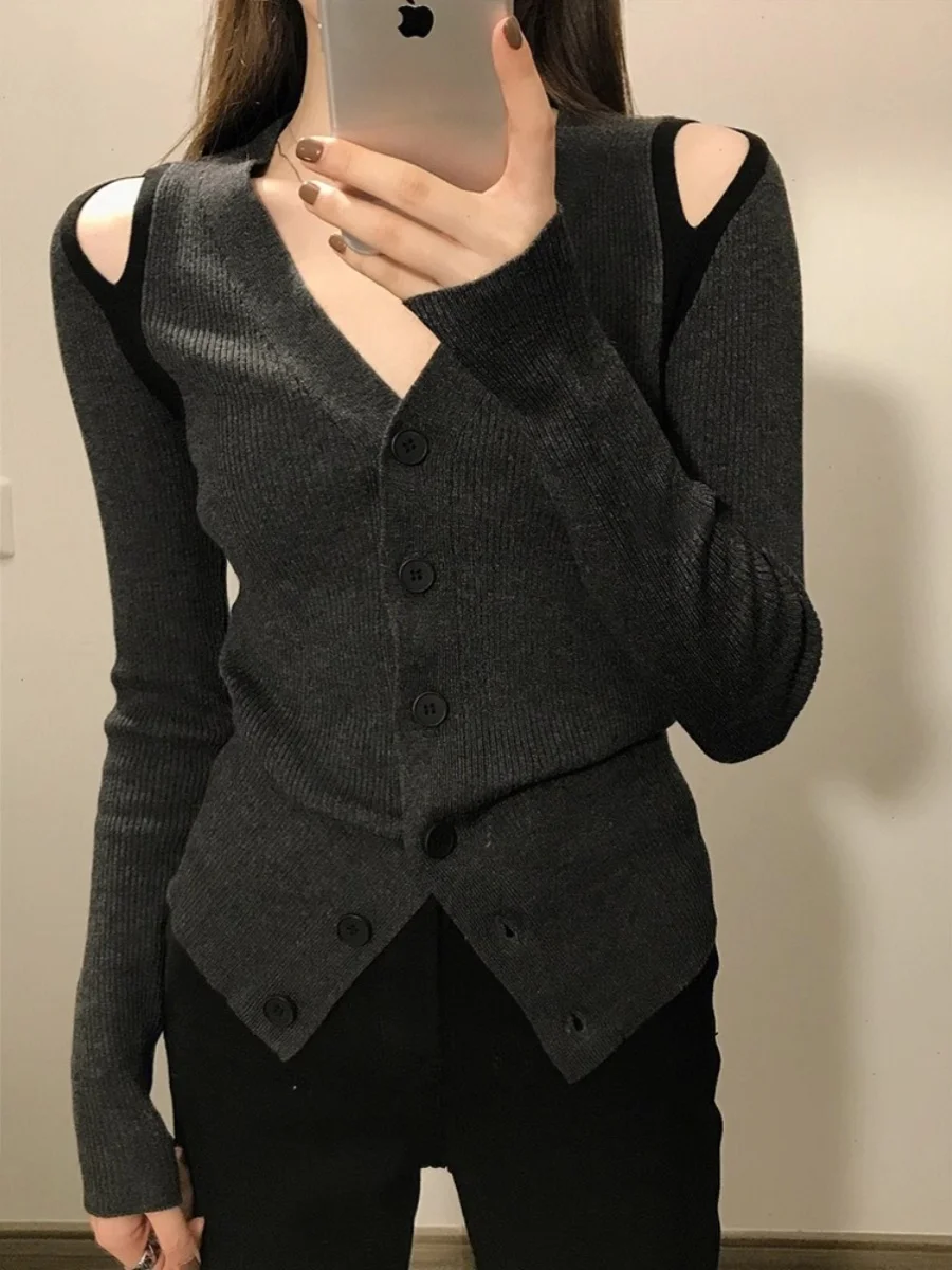 

Women's V-Neck Knitted Open Cardigan Sleeveless Long Sleeve Slim Fit Inner Shirt Hollow out Shoulder Design Autumn Winter Swe...