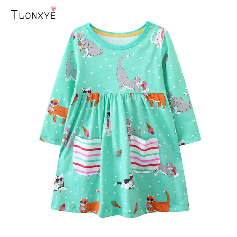 TUONXYE Cotton Girls Long Sleeve Dress Cute Cat Ice Cream Print Pocket A-line Dress Spring Autumn Casual Princess Dresses