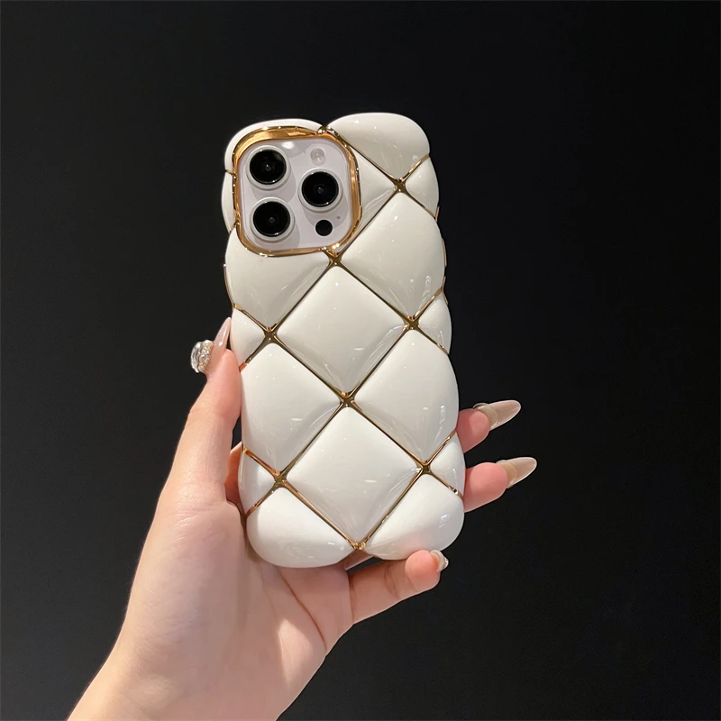 For iPhone 13 12 11 14 15 16 Pro Max Plus Luxury Plating Case Diamond Lattice Pattern Soft Silicone Air Cushion Shockproof Cover