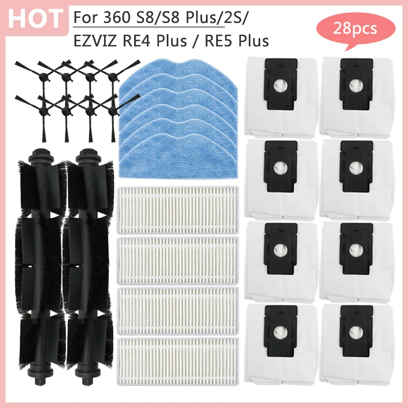 Pièces de rechange pour aspirateur Robot 360 S8 S8 Plus 2S EZVIZ RE4 Plus RE5 Plus, brosse latérale à rouleau, filtre Hepa, vadrouille, chiffon, sac à poussière